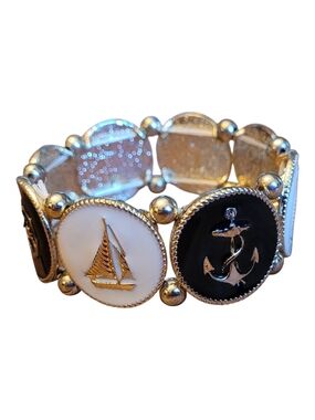 Nautical Gold-Tone Sailboat & Anchor Stretch Bracelet - Black & White